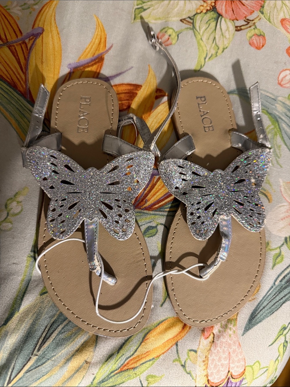 PLACE Silver Glitter Butterfly T-Strap Sandals